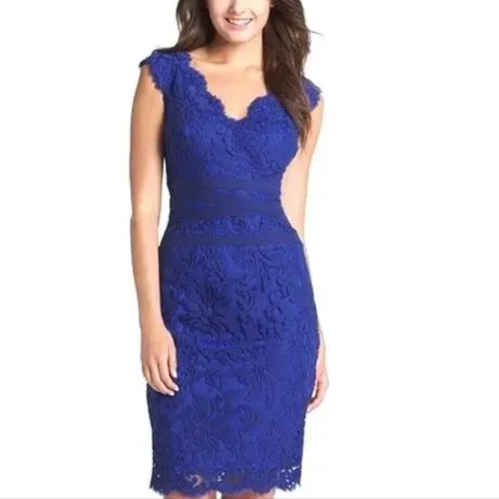 Tadashi Shoji Sheath Embroidered Cobalt Lace Midi Dress